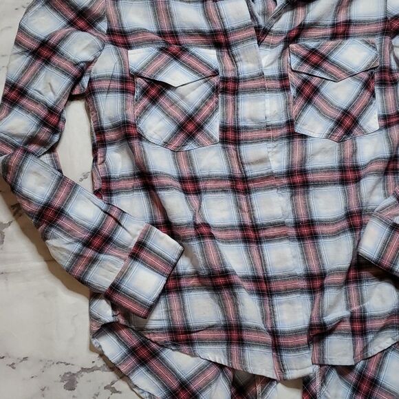 Sam Edelman Blue Plaid Button Up Shirt with Zipper Cold Shoulder - Picture 3 of 6